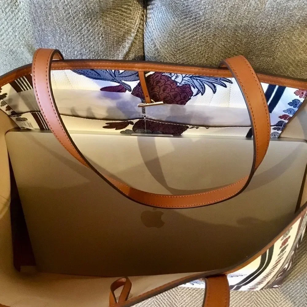 TORY BURCH FLORAL WINE PERRY LARGE TOTE LAPTOP TRAVEL HANDBAG WORK VACAT…